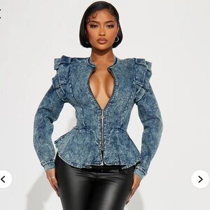 Fashion Nova Denim Queen Peplum Jacket - Medium Blue Wash XL